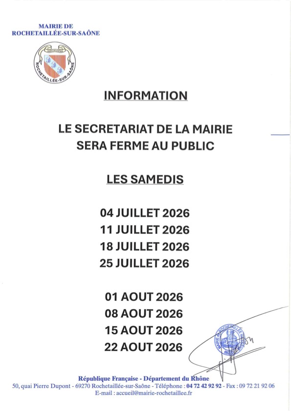 information fermeture des samedis de la mairie été 2026